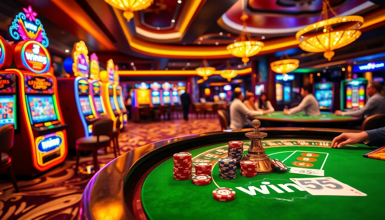 Experience the thrill of win55 at a vibrant casino table filled with poker chips and cards.