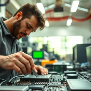 Engaging scene of computer recycling newbury showcasing a technician responsibly dismantling electronics.