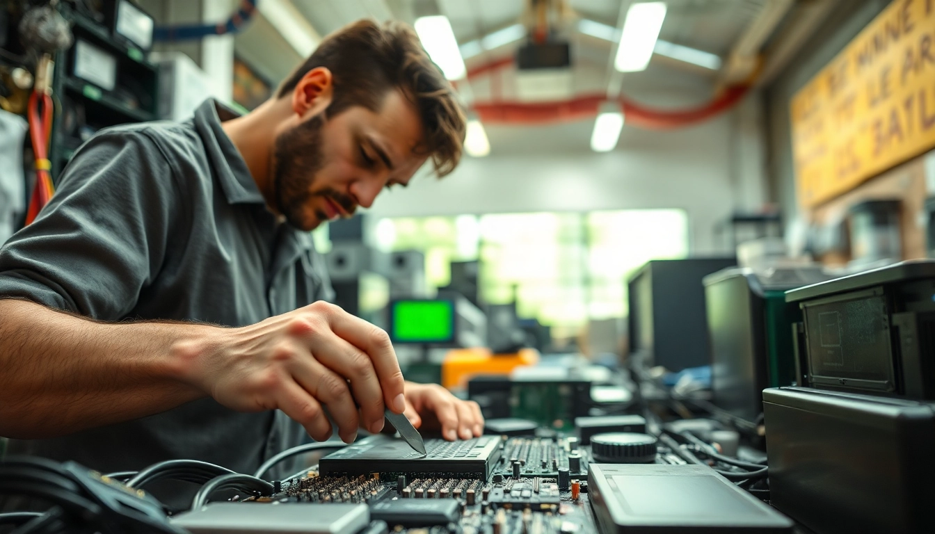 Engaging scene of computer recycling newbury showcasing a technician responsibly dismantling electronics.