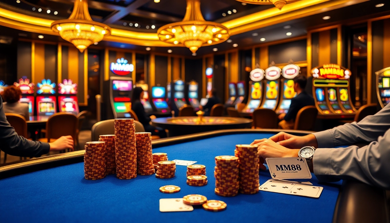Experience excitement at MM88's poker table with vibrant chips and a spinning roulette wheel.