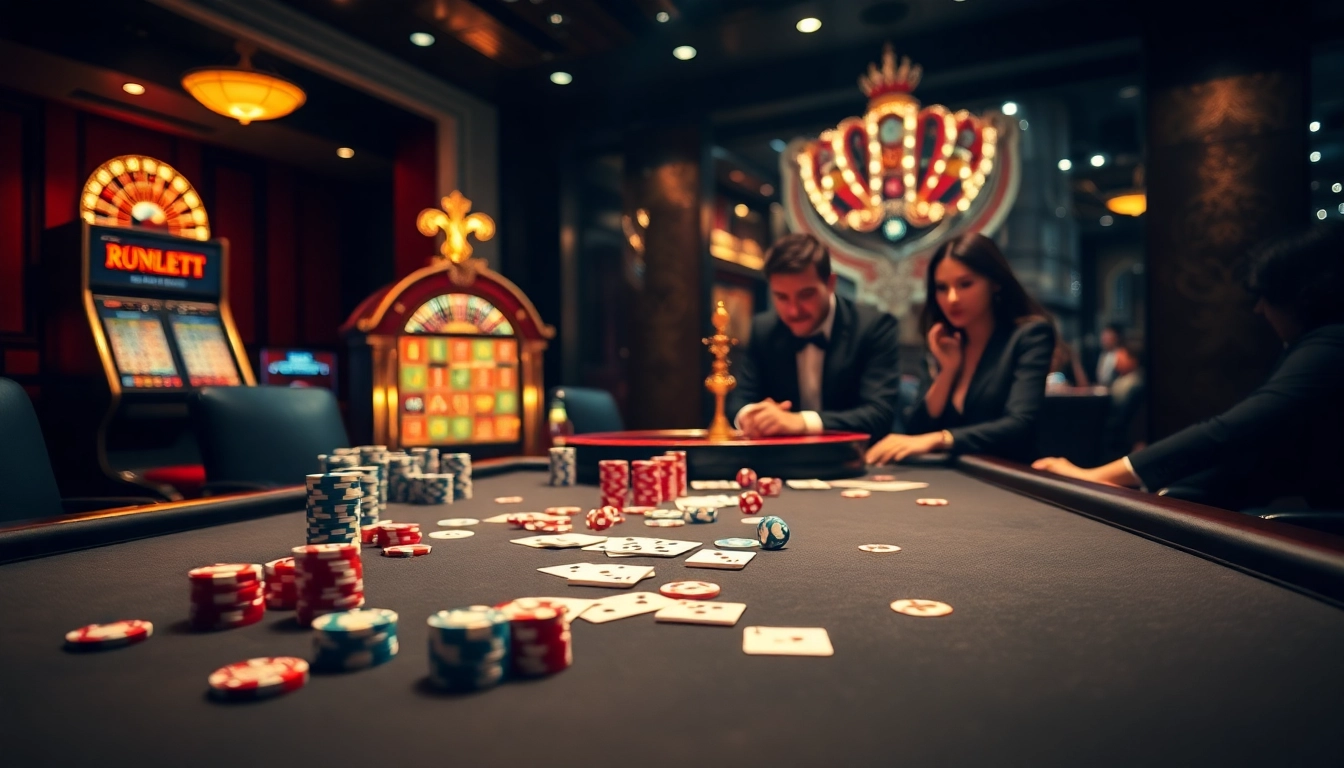An energetic casino scene showcasing gamblers at a table with poker chips and cards on https://tha-bet.pro/.