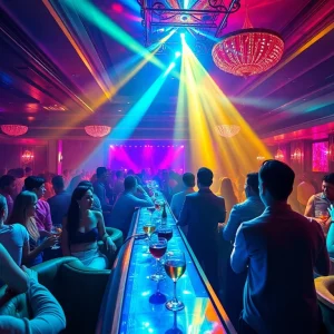 Experience the vibrant Night club sxm scene with guests dancing, enjoying cocktails, and stunning performances in a luxurious bar.