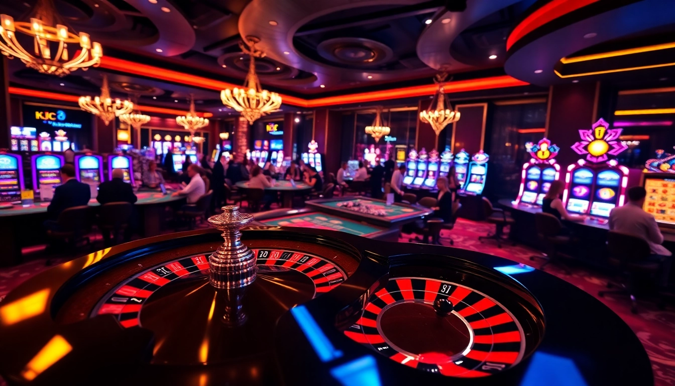 KJC players engaging at a vibrant casino table with roulette and poker chips.