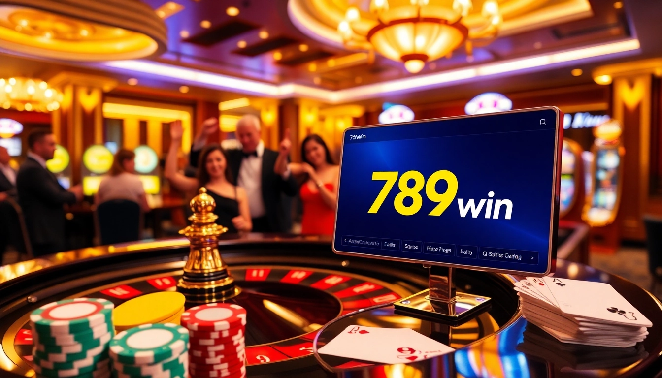 A vibrant casino scene featuring 789win logo and enthusiastic players at a roulette table.