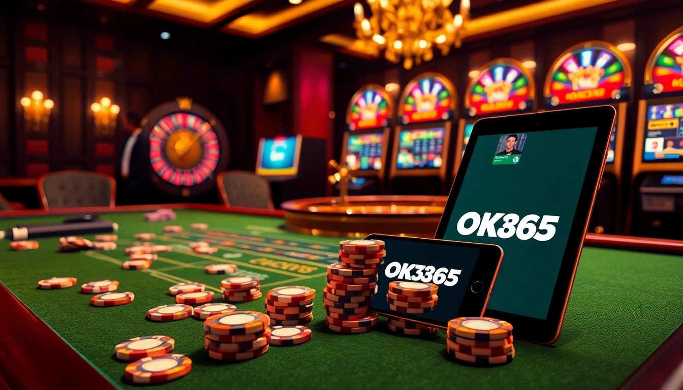 Exciting gameplay at OK365 with a luxurious casino table, vibrant slots, and professional dealer interacting.