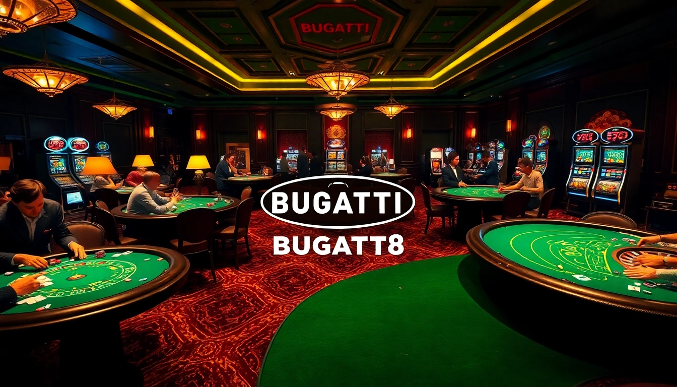 Experience exciting gameplay at Bugatti8 with vibrant casino scenes, cards, and roulette wheels.