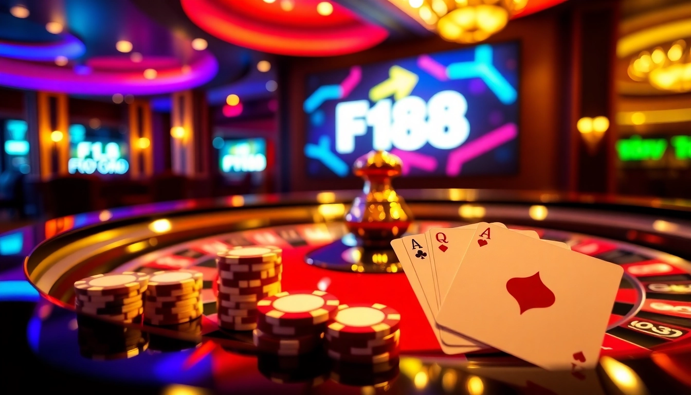 Experience F168's thrilling casino ambiance with vibrant roulette tables, poker chips, and lively atmosphere.