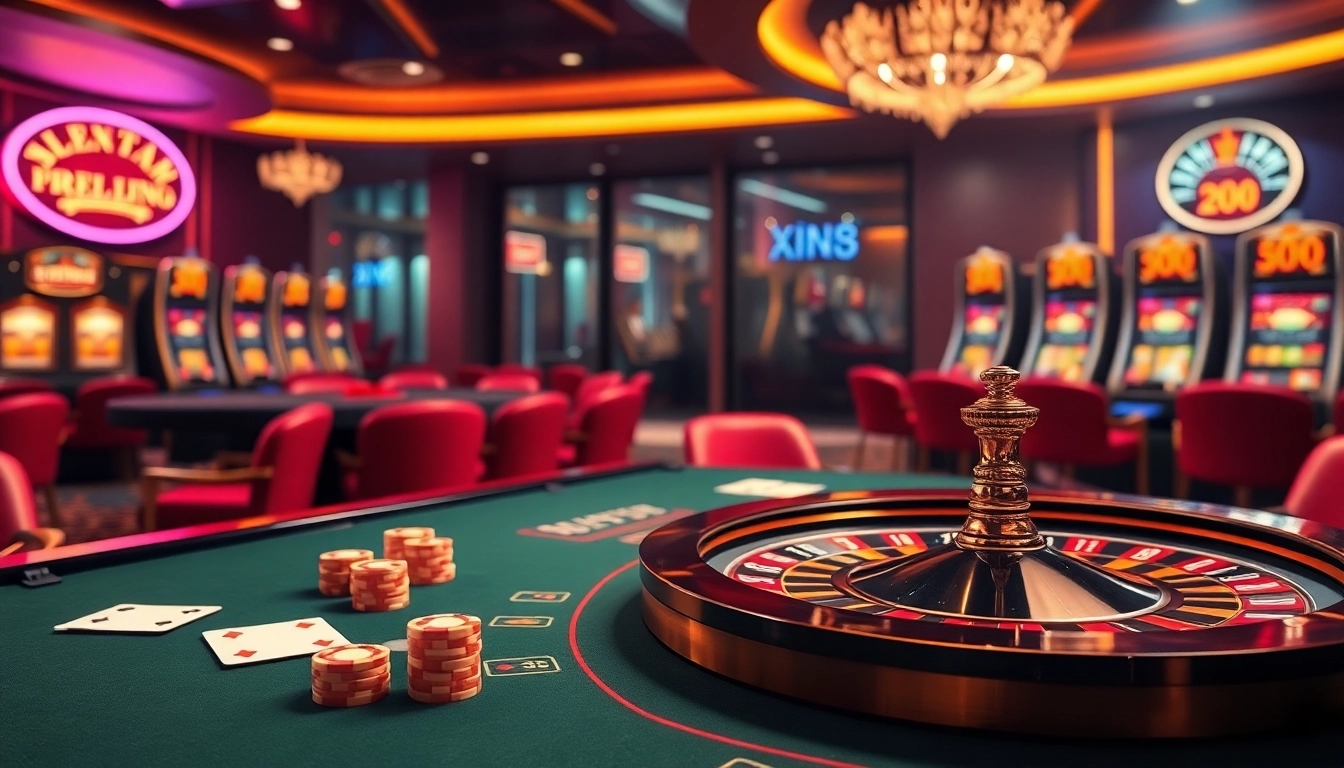 Engage with thrilling online games at link xin88 in a luxurious casino setting with vibrant tables and slot machines.