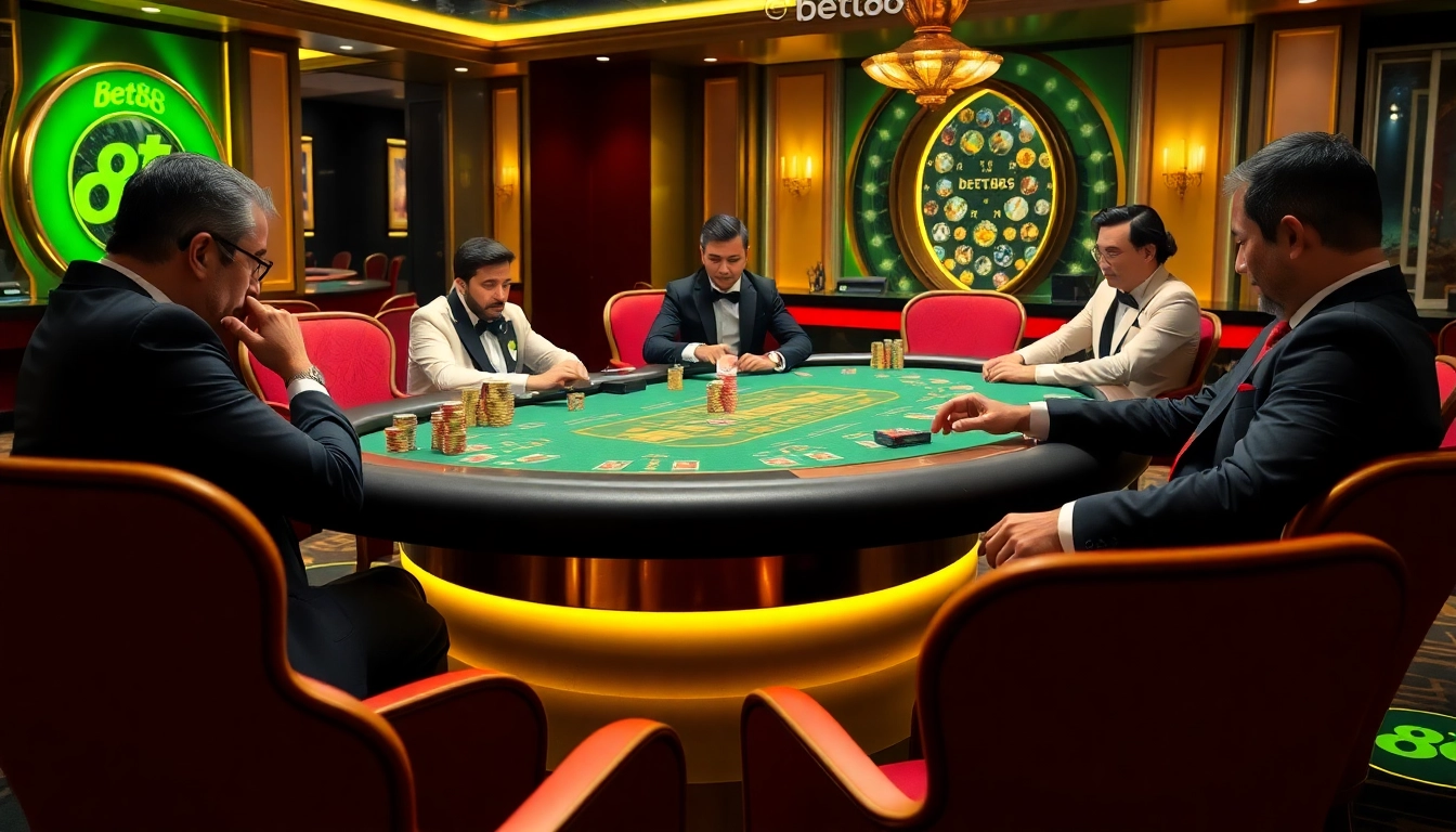 Exciting poker game scene at bet88 casino, showcasing high stakes with glamorous players.