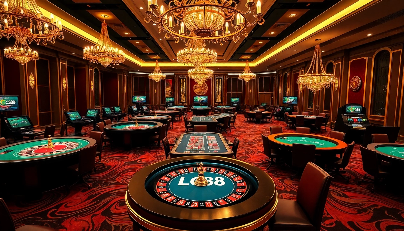 Experience high-stakes gaming at LC88, featuring roulette and blackjack tables in a luxurious casino ambiance.