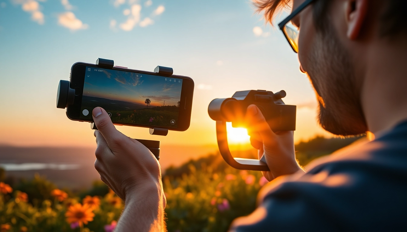 Smartphone-Gimbal in action, stabilizing footage during a vibrant sunset.