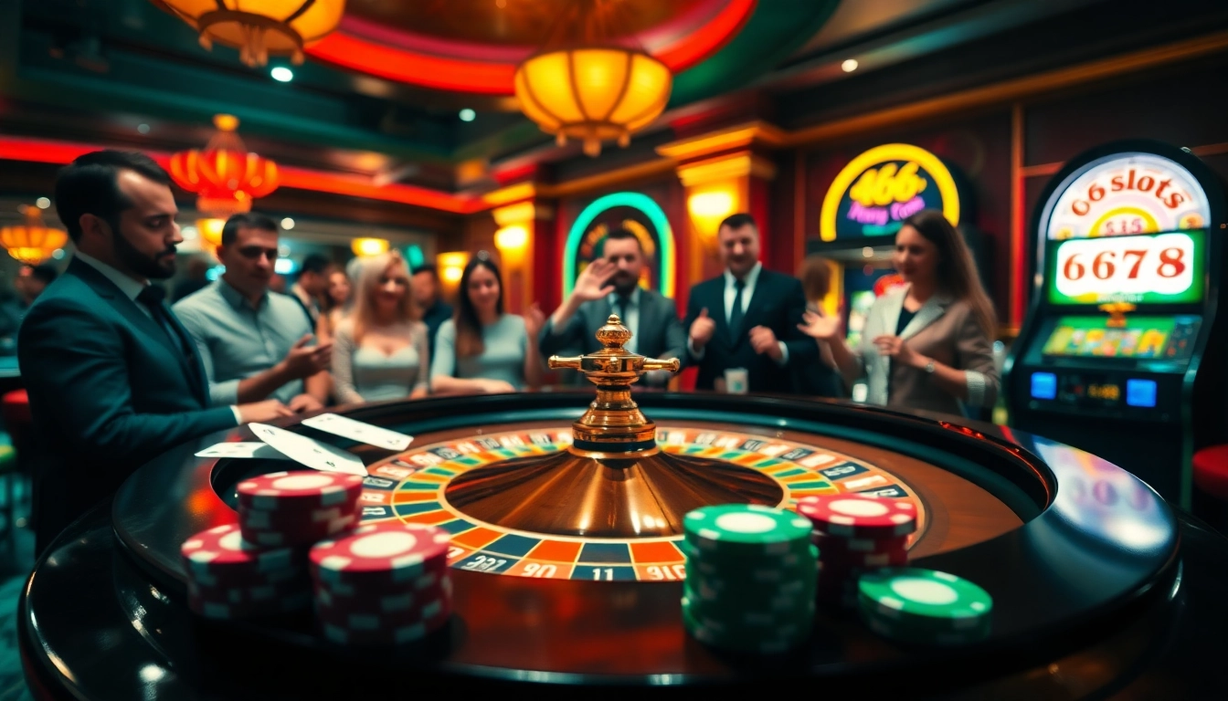 Excited gamblers at a roulette table in a luxurious casino scene featuring 66slots8 com branding.