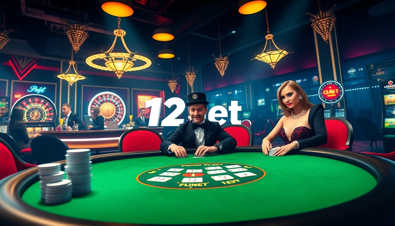 Experience the thrill of gambling with 12bet at an upscale poker table surrounded by vibrant casino elements.
