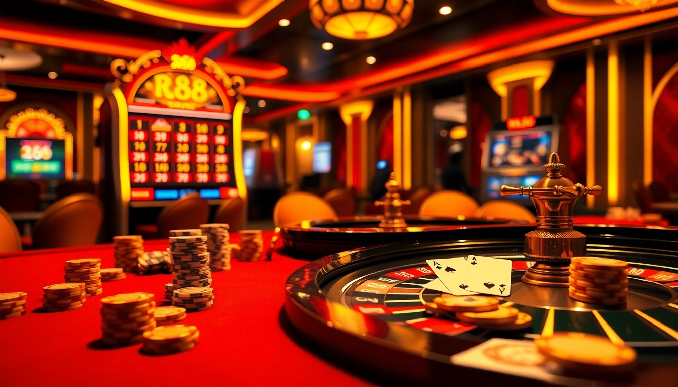 Engage in thrilling gambling action at RR88's luxurious casino with vibrant tables and slot machines.