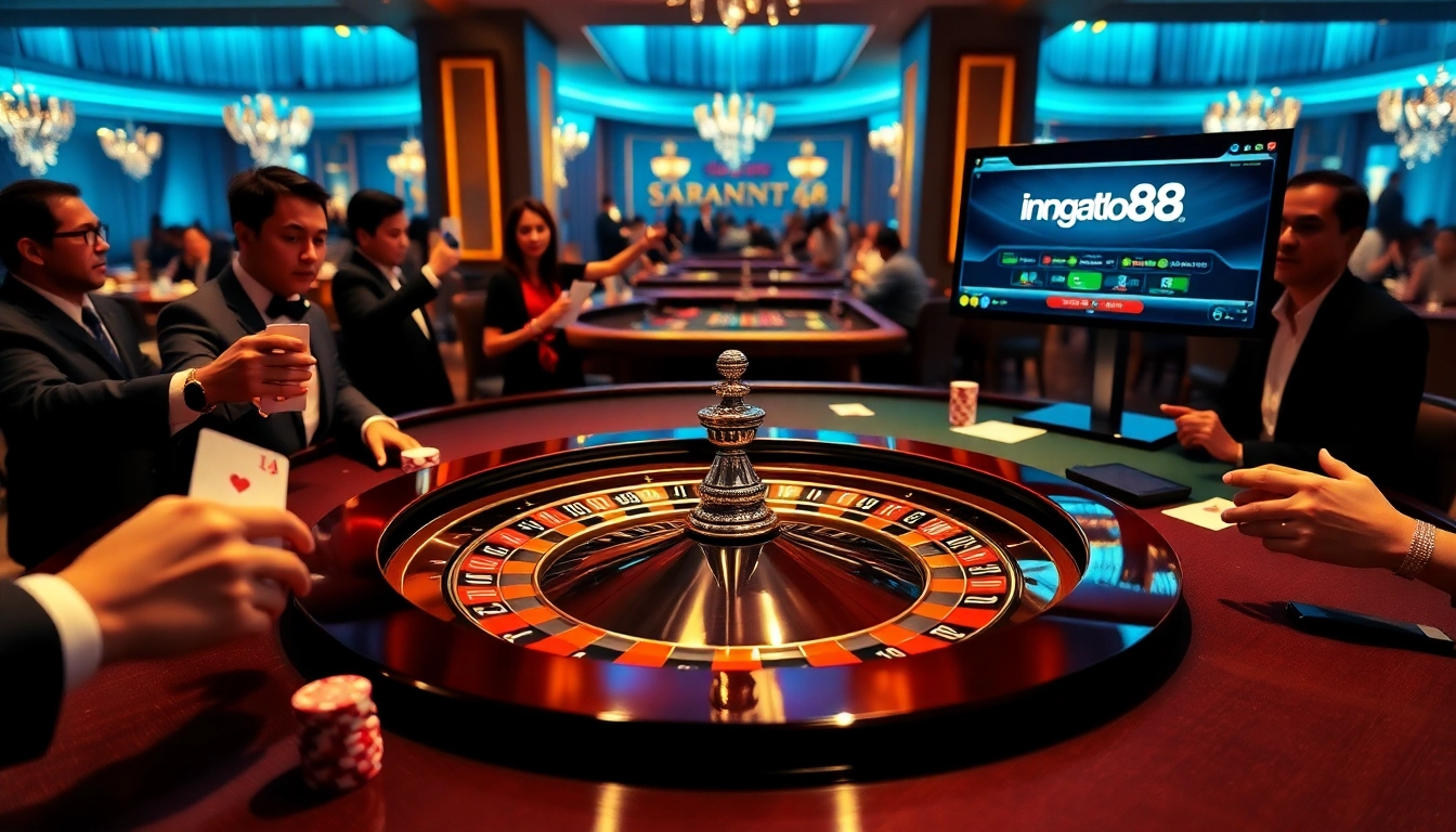 Experience the excitement of ingatbola88 with players enjoying online gambling at a luxurious casino.