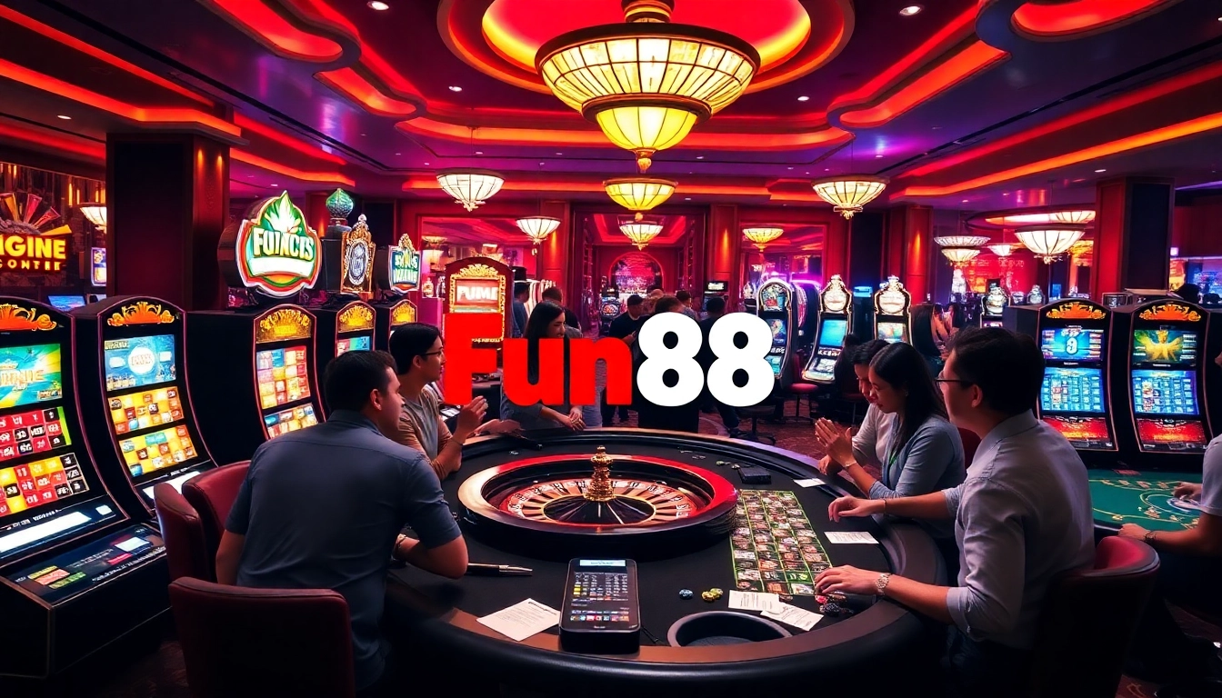 Fun88 players excitedly engaging in vibrant casino games with cards and chips.