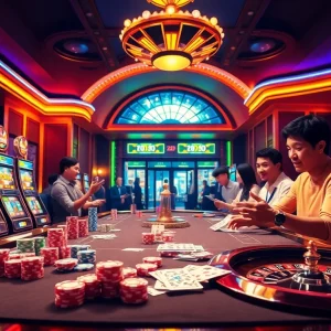 Engaging casino scene highlighting the excitement of link DRAGON222 online slots with vibrant gaming elements.