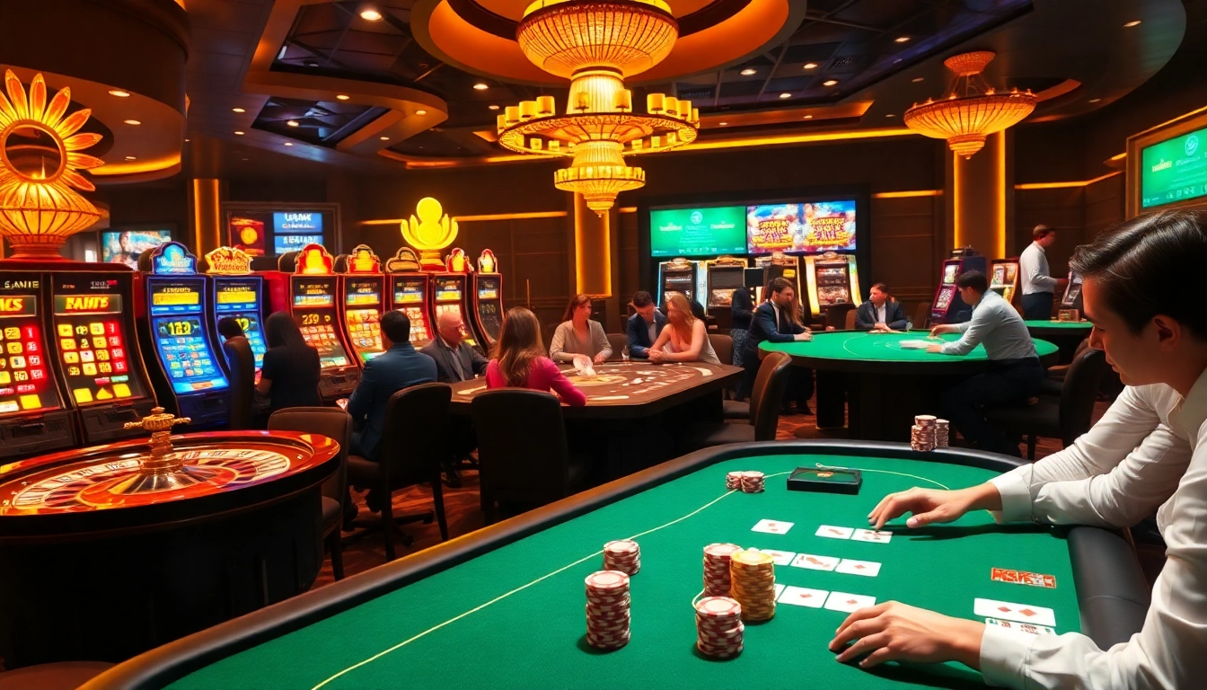 Players enjoy exciting games at Jun888 casino, showcasing vibrant slot machines and poker action.