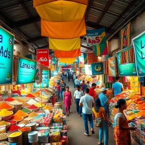 Lanka Ads marketplace showcasing vibrant, colorful stalls and advertisements in Sri Lanka's lively market.