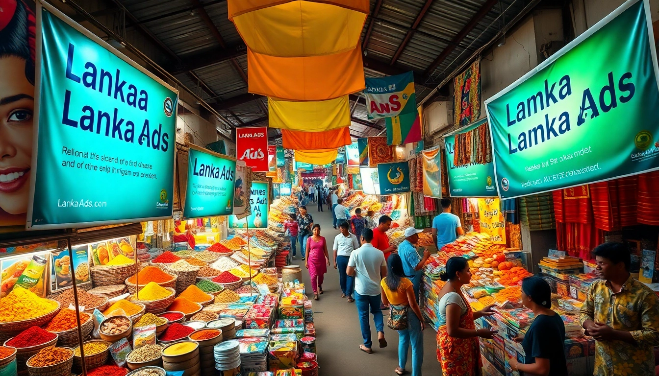 Lanka Ads marketplace showcasing vibrant, colorful stalls and advertisements in Sri Lanka's lively market.