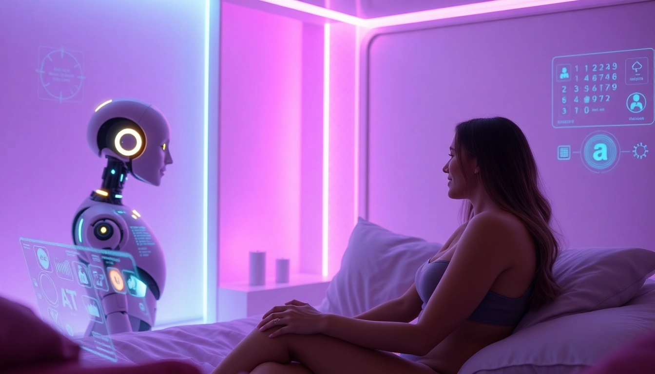 Futuristic depiction of a cozy intimate space with AI and human interaction exploring the theme of sex AI.