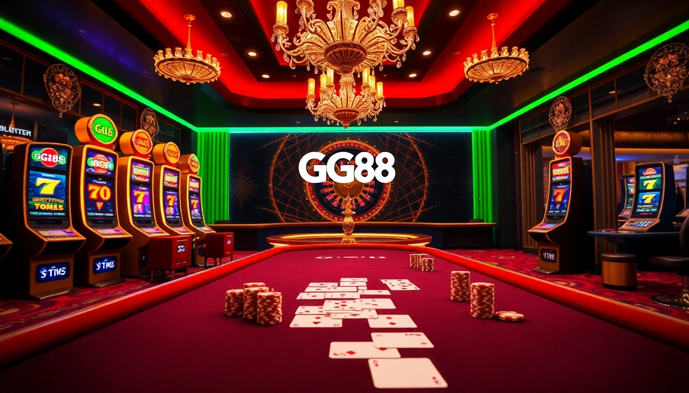 Exciting casino scene with GG88 branding, featuring vibrant slot machines and poker tables.