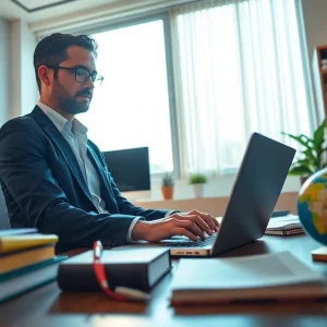 Certified translator working in a modern office with documents and tech.