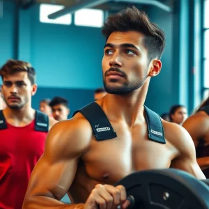 Shoulder brace for weightlifting worn by diverse athletes during intense training sessions in a gym.