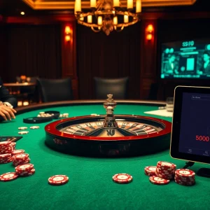 Play a thrilling hand of poker at the s8 casino, showcasing vibrant chips and a roulette wheel under warm lights.
