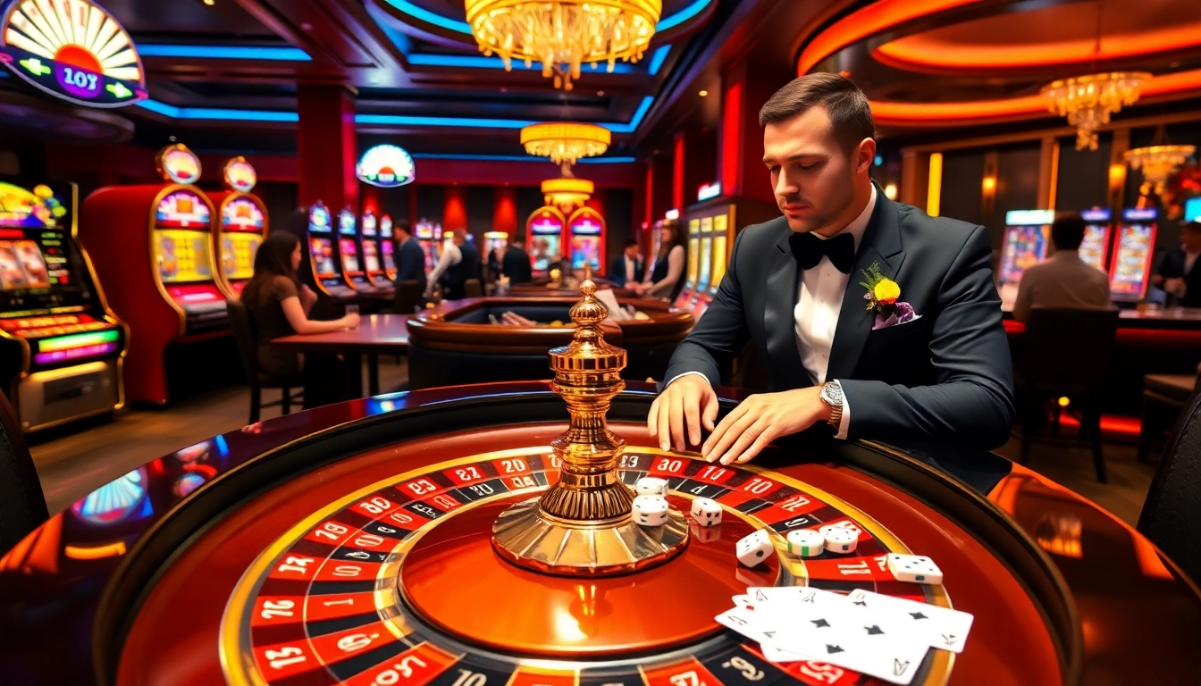 Players enjoying games at luck8 casino, showcasing vibrant roulette wheels and excitement.