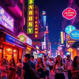 Explore the vibrant 호치민밤문화 nightlife with bustling bars and colorful neon lights.