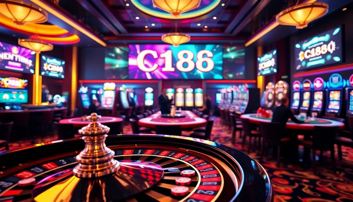 Experience the thrill of C168's vibrant casino ambiance with roulette and slot machines.