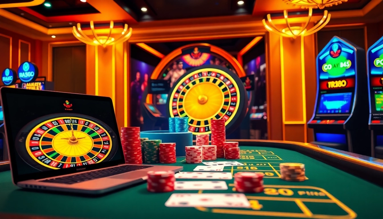 Engaging with Nhà Cái RR88 through a vibrant online casino scene featuring chips and roulette.