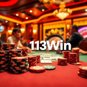 Players enjoying an exciting poker game at 13Win casino with vibrant chips and cards.