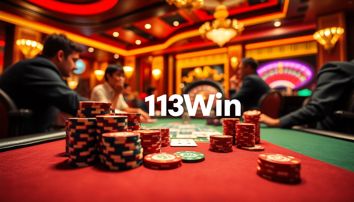 Players enjoying an exciting poker game at 13Win casino with vibrant chips and cards.