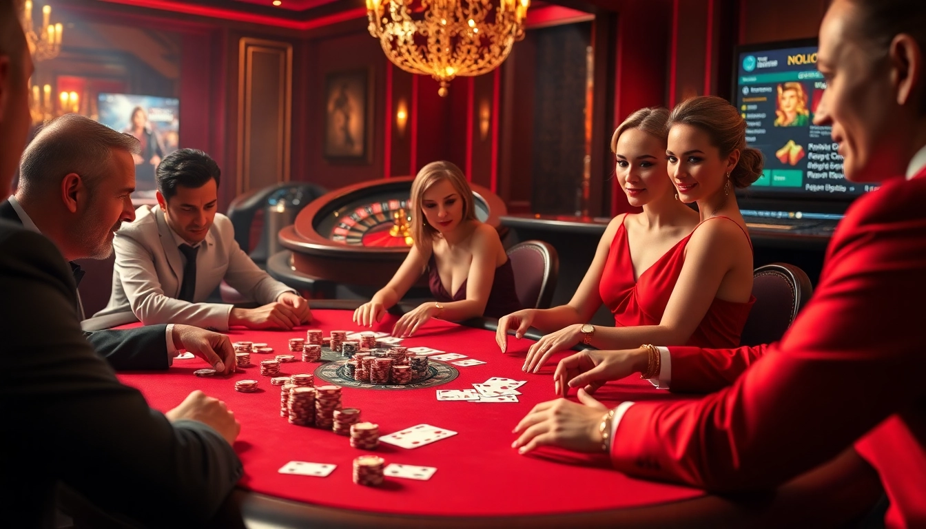 Nohu90 players strategizing at a luxurious poker table, showcasing excitement and high stakes in gambling.