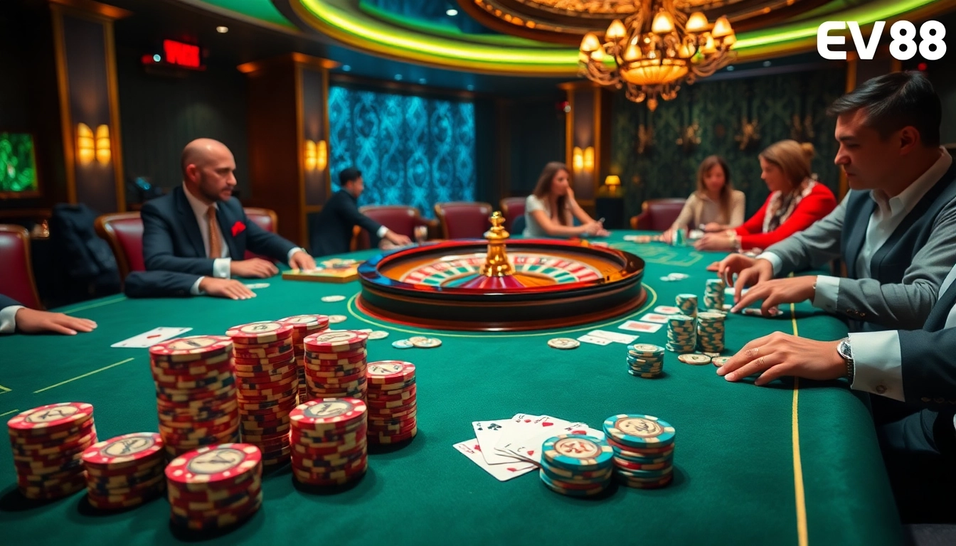Experience the luxury of Nhà cái EV88 with vibrant casino visuals, featuring excited players and classic gambling elements.
