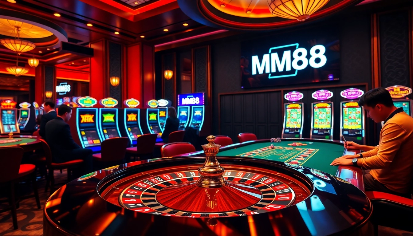 Players enjoying a vibrant MM88 casino experience with roulette and poker tables.