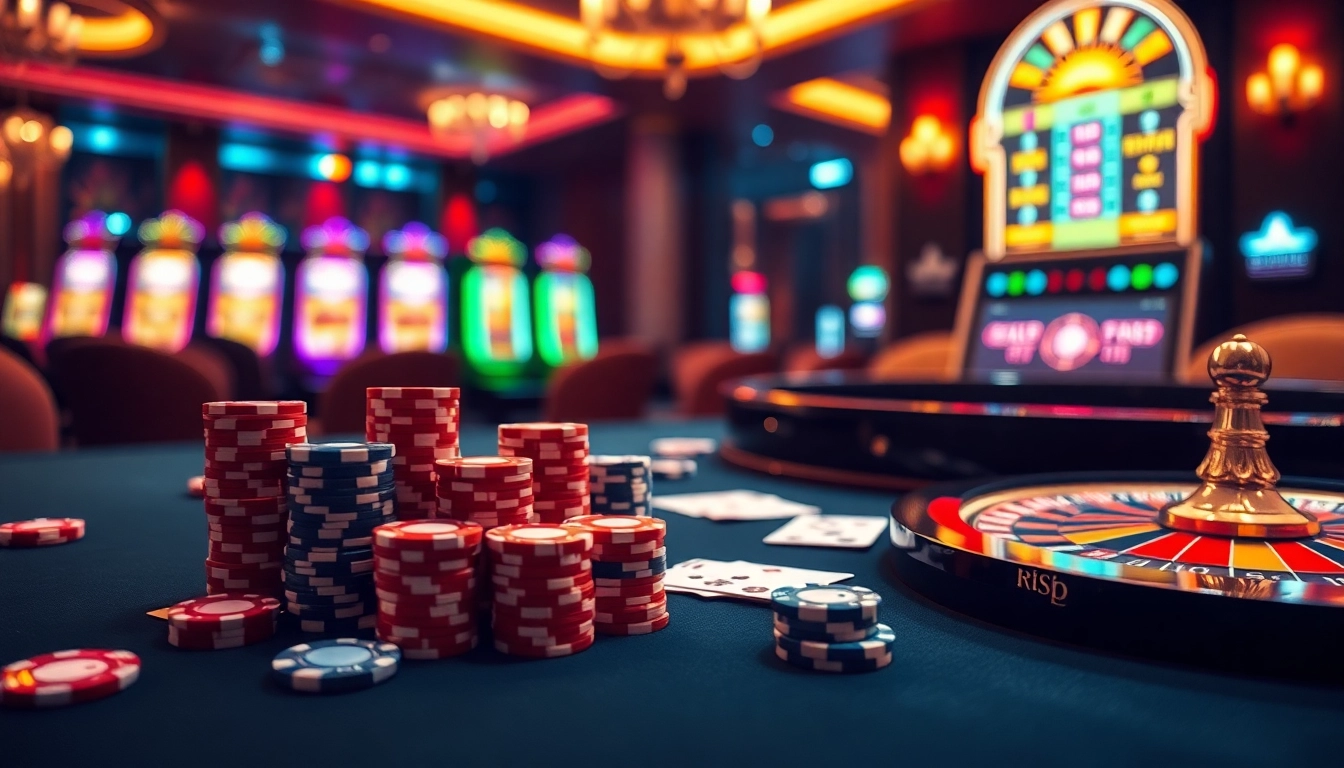 Experience the thrill of rikvip with luxurious casino tables and vibrant gaming elements.