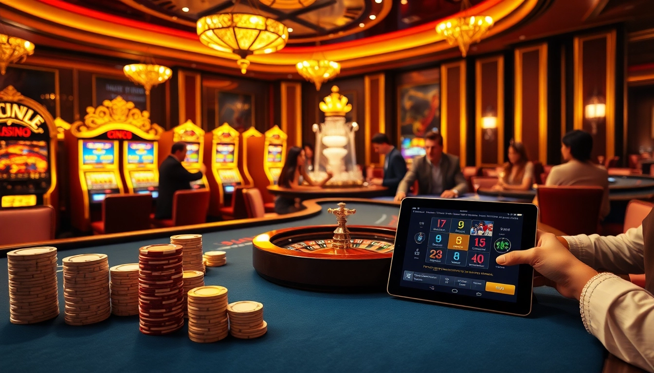 Players enjoying a thrilling game at SV66's luxurious casino, showcasing poker chips and a roulette wheel.