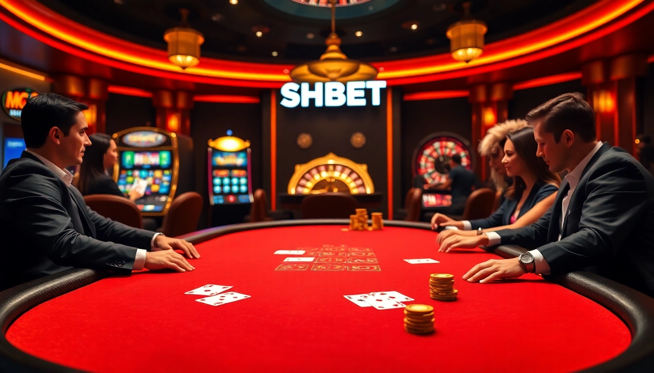 SHBET engaging players at a vibrant poker table surrounded by colorful slot machines.