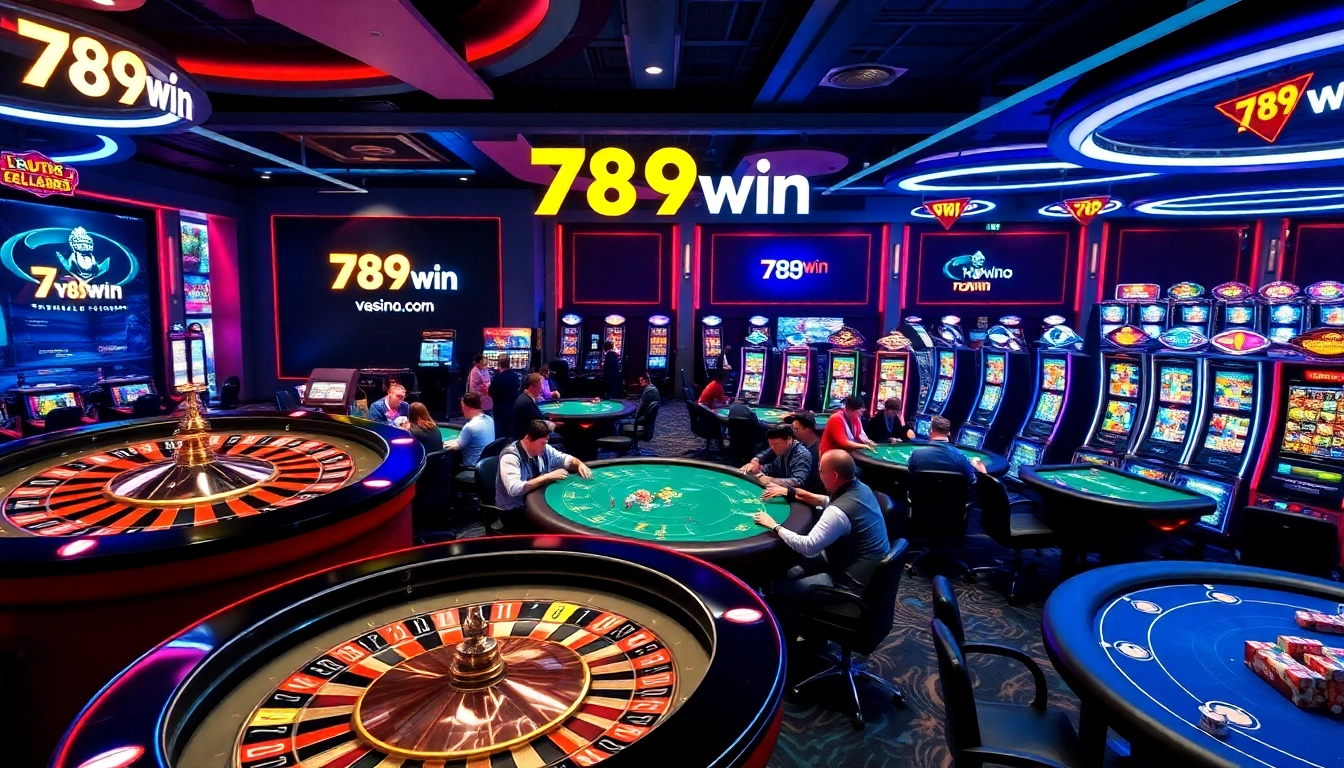 Exciting casino atmosphere at 789win com featuring roulette wheels, poker tables, and vibrant slot machines.