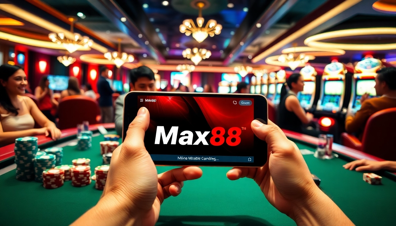 Experience vibrant online gambling with Max88 Vin APK displayed on a smartphone amidst a lively casino atmosphere.