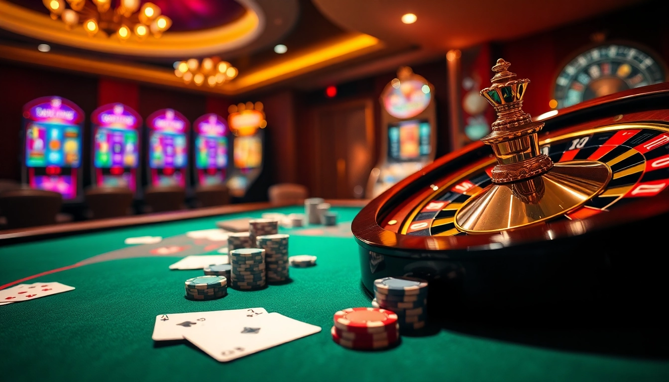 Experience the thrill of luck8 with a vibrant casino scene featuring poker chips and a roulette wheel.