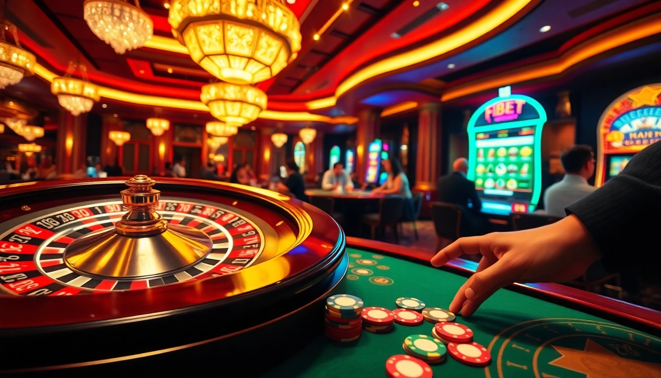 Experience the excitement of F8bet with vibrant casino gaming scenes featuring roulette, poker chips, and slot machines.