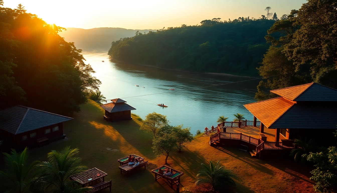 Dandeli Hotels showcasing riverside accommodations and adventure activities like kayaking at sunrise