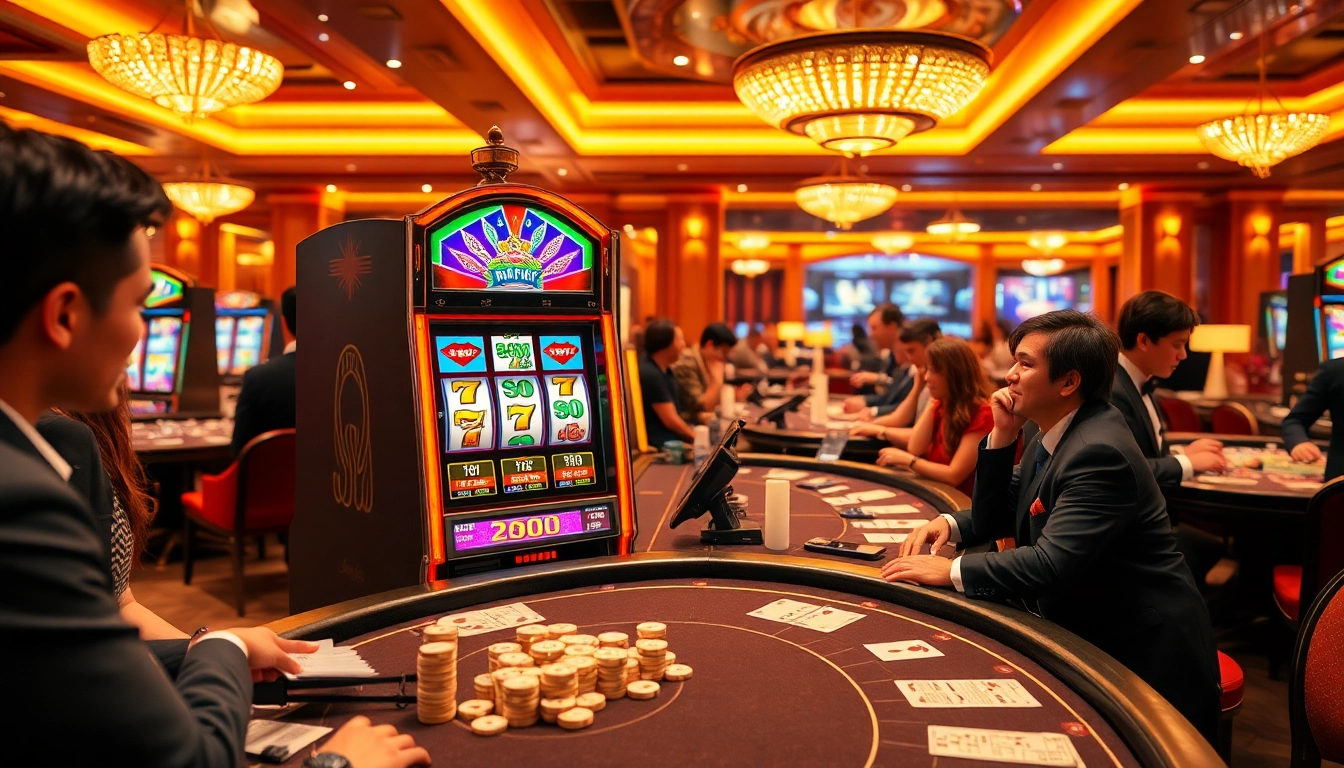 Players engage in a vibrant 슬롯커뮤니티 atmosphere at an upscale casino with slot machines and card tables.