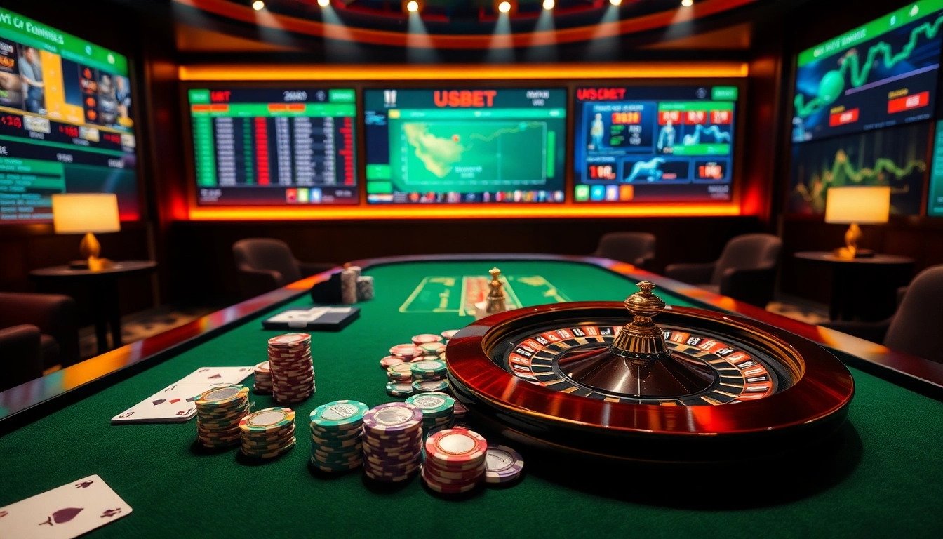 Experience the thrill of nhà cái usbet with vibrant casino tables featuring poker chips and interactive gaming screens.