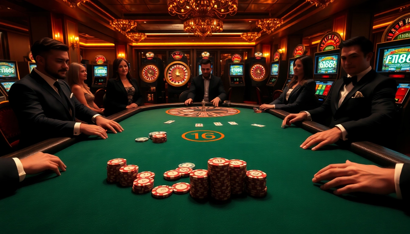 F168 poker players engaging in a high-stakes game at a vibrant casino table.