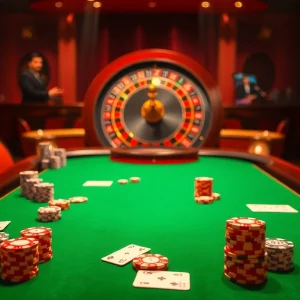 Experience the excitement of God345 casino with a vibrant poker scene full of chips and cards.